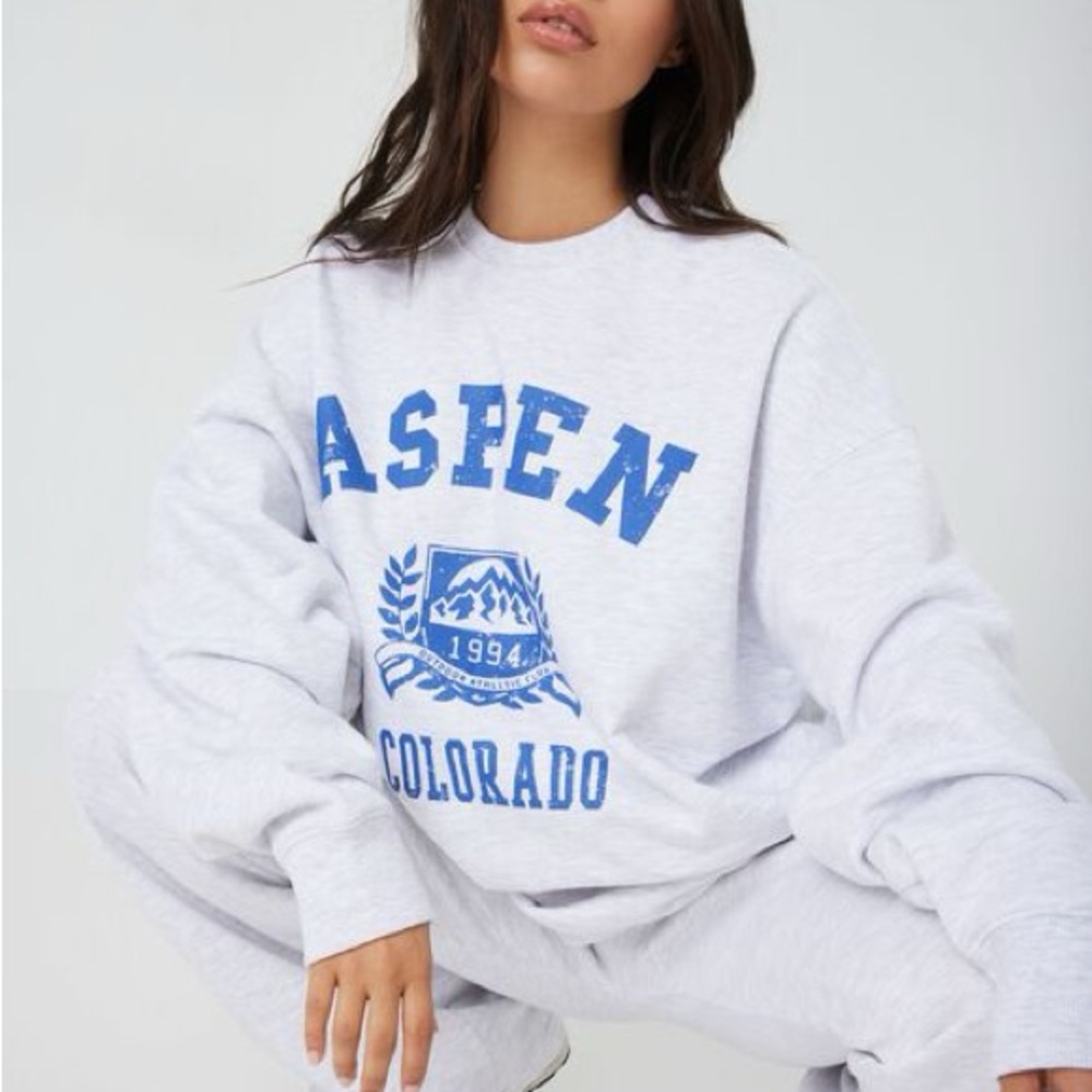 Garage Light Gray Crew Neck Sweater with Blue Print